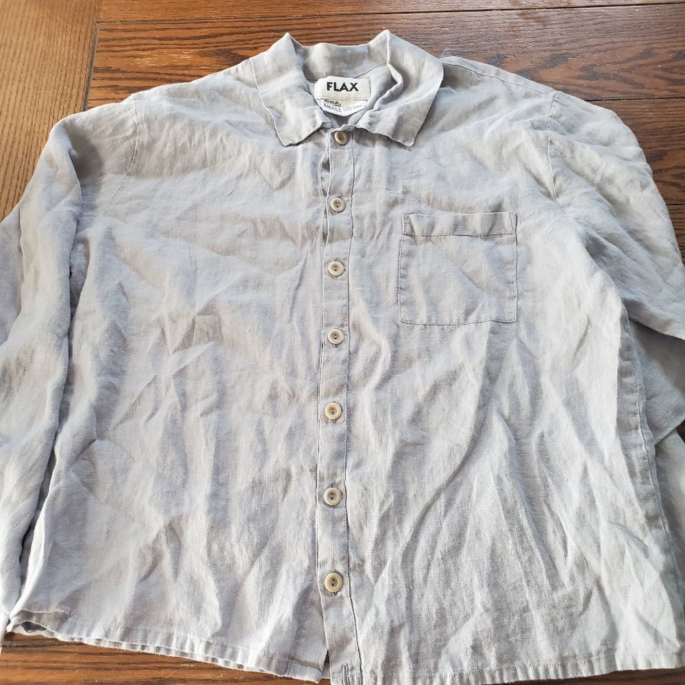 Flax brand blue linen button down blouse Sz Small